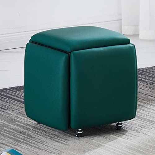 Moderner Ottomane aus Leder, quadratisch mit Rollen, 5-in-1-Sitzwürfel, stapelbarer Kombinations-Fußhocker für Wohnzimmer, Schlafzimmer, Eingangsbereich, Flur, Grün, 45 x 45 x 45 c