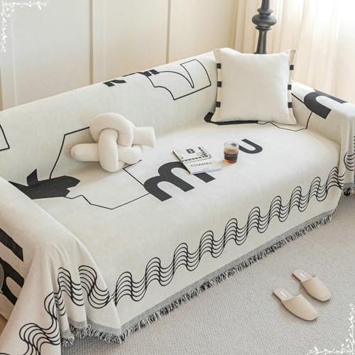 Ayoiow Couch Überzug Kort Sofa Überzug Schwarz Sofahusse 4Sitzer Chenille Wellenlinien Mit Buchstaben