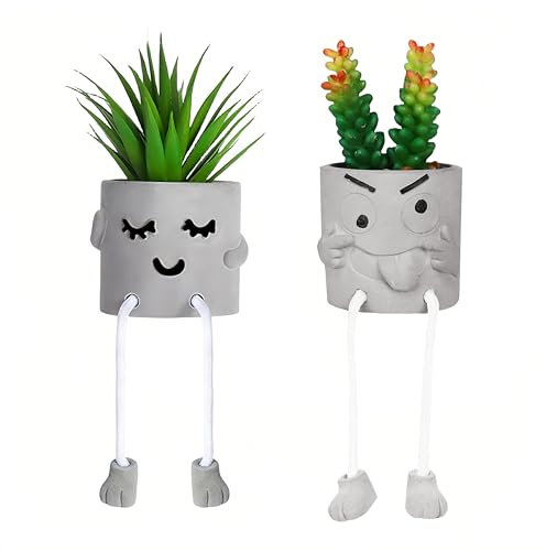 Artificial Plants Indoor, Fake Succulent Plants with Hanging Leg, Plant Pots with Creative Emotional Cement, Faux Plants Home Decor for House Office Bedroom Living Room Table Desk Shelf (2Pcs-Style 3)