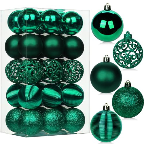 30 bolas de Navidad con cuerdas, 60 mm, color verde oscuro, inastillables, decoraciones colgantes de plástico, colgantes para árbol de Navidad, para fiestas en casa, bodas, vacaciones