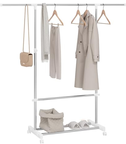 WOLTU Kleiderständer auf Rollen, Garderobenständer höhenverstellbar, Kleiderstange ausziehbar Garderobe mit Ablage, Standgarderobe aus Metall, (90-150) x(113-198) x43 cm, Silber Weiß