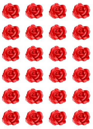 24 x Red Rose Edible Wafer or Icing Cupcake Toppers Fun Flower Themed Party Cake Decorations Perfect For Brownies Cookies Muffins & More! (Edible Wafer Card)