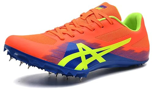 PENXZT Hombre y Mujer Zapatillas de Clavos, Calzado de Atletismo Ligero Resistente al Desgaste para Running,Salto Largo,Training,Naranja,37 EU