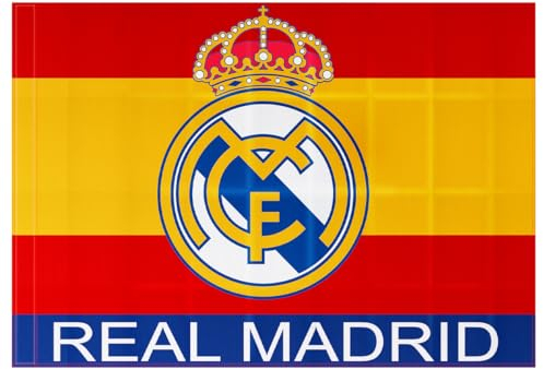 Bandera oficial del Real Madrid Club de Fútbol + Llavero 15 Champios | 150 x 100 cm - Fondo Bandera España escudo en el centro | Producto Oficial
