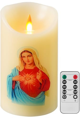 QQFCTOO LED Marienkerze mit Herz-Mariä-Motiv, Fernbedienung & Timer, Echtwachs, 3D-Flamme, 8 x 15 cm
