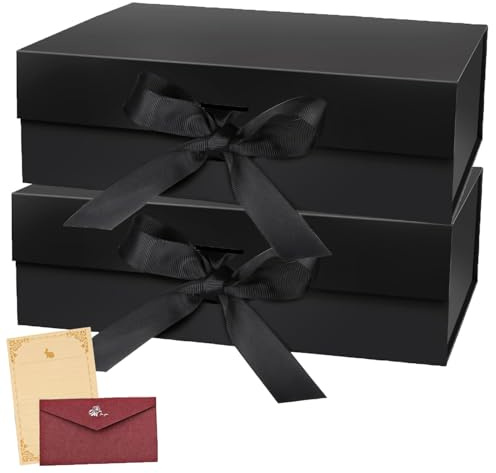 Kiswleon 2PCS Magnetic Gift Box With Ribbon - Extra Large 31 * 27 * 8.8CM Black Foldable Box With Lid for Wedding, Birthday, Anniversary, Festival Presents