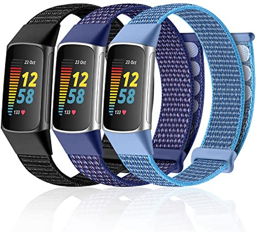 Maledan 3 Stück Nylon Armband Kompatibel Mit Fitbit Charge 6/5 - Verbessertes Einstellbares Weiches Sportarmband für Damen Und Herren
