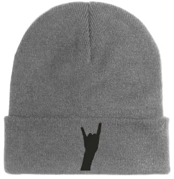 Heavy Metal Handzeichen Logo bestickte Beanie Mütze Wintermütze Grau, grau, Einheitsgröße