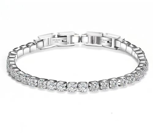 JSNOM Bracciale Tennis Uomo Argento: Bracciali Acciao 3mm Nero Oro con 5A Cubic Zirconi, Regalo Braccialetto per Marito Fidanzato Uomo (Argento)