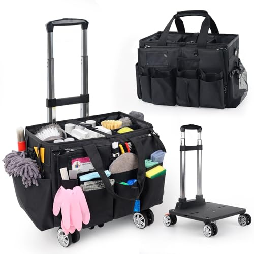 Rollende Reinigungs-Caddy-Tasche mit abnehmbarem Trolley, multifunktionaler tragbarer Reinigungswagen, Organizer für Haushalt und Haushaltsreinigung, Reinigungs-Caddy mit Rädern, Schwarz
