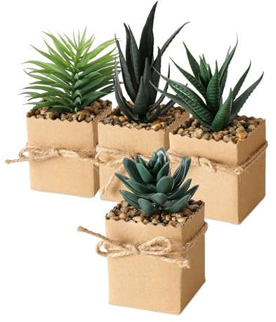 Spetebo Künstliche Sukkulente im Papier Topf 6 x 5 cm - 4er Set - Deko Kunstpflanze mit Blumentopf - Tischdeko Kunstblume Zimmerpflanze Dekoblume künstlich