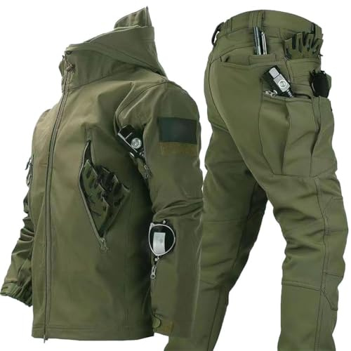 RVUEM Army Green,XL, 2-Teiliger Snowboard Schneeanzug Softshell Jacke FüR Herren MilitäRische Bekleidung, Kampfanzug Outdoor Skianzug Taktische Jacke Und Hose FüR Skifahren Outdoor Sport