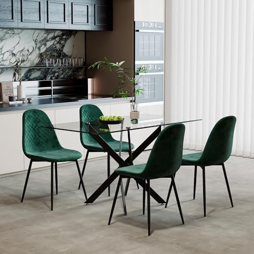 AOYA Ensemble Table à Manger en Verre avec 4 Chaises en Velours Vert, 110 x 70 cm, Style Moderne
