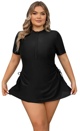 EFOGEP Plus Size Swimwear for Women: Ladies Swimming Costume Long Sleeve Zip Up Rash Guard High Stretchy Boyleg One Piece Swimsuit Surfing Modest Bathing Suit with Chest Pads Black Dress XXL