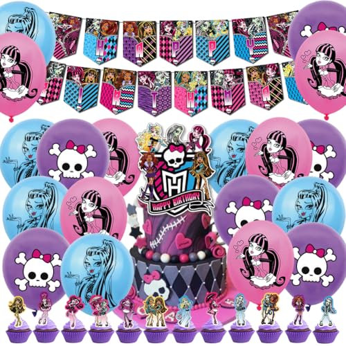 EPXOIQC 32pcs Monster Party Supplies, Monsters Birthday Party Decorations, Cupcake Toppers Banner Geburtstagsdeko Monster Luftballons,Cartoon Themenparty Dekoration