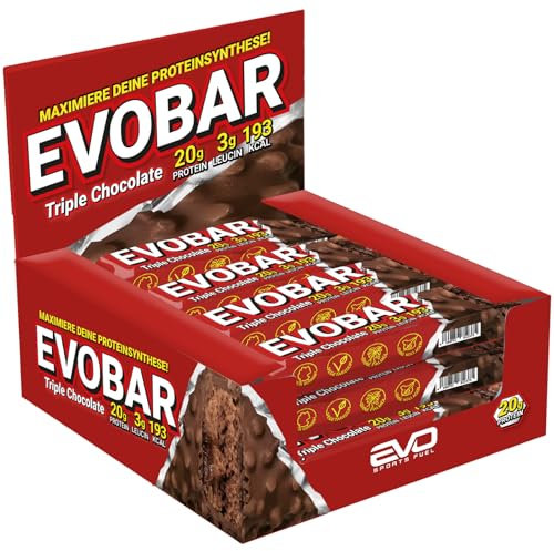 EVO SPORTS FUEL EVOBAR Triple Chocolate Protein Riegel | 12 x 60g | ZERO palmöl Eiweißriegel mit 20g protein pro Bar | geprüfte Qualität | Made in Germany (1er Pack)