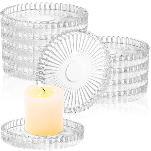 LDXDRU 12 Stück Kerzenteller Glas 10cm Klare Kerzenständer aus Glas, Klar Kerzenuntersetzer Kerzenhalter Stumpenkerzen Kerzen Untersetzer Rund für Party Dekoration Hochzeit Weihnachten Wohnkultur