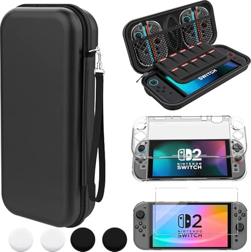 KZIOACSH Carrying Case for Nintendo Switch 2, Portable Travel Carry Case with Game Cartridges Including 1 Protective Clear Case + Games Holder + 2 Pair Thumb Grips Caps + 1 Screen Protector, Black