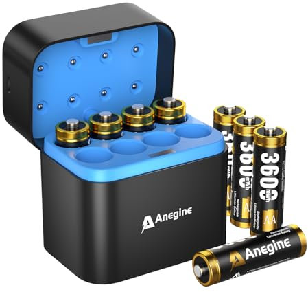 Anegine Batteria al litio AA ricaricabile con caricatore, 3600 mWh, 1,5 V, batteria al litio ricaricabile, cicli di ricarica fino a 2000 + (confezione da 8)