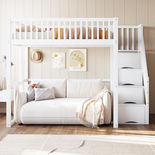 Letto a soppalco con scala di sicurezza, bordo di sicurezza, telaio in pino massiccio, adatto per bambini, ragazzi e adulti (bianco (140 x 200 cm)