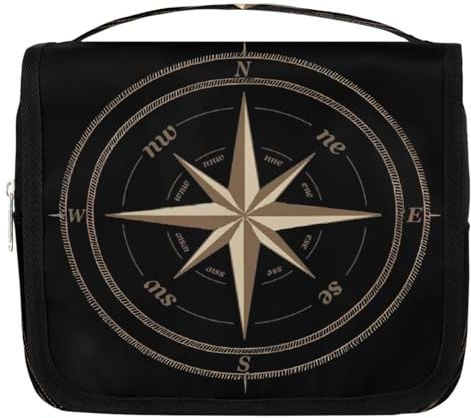 Compass Rose Black Hanging Toiletry Bag Travel Wash Bag Cosmetic Makeup Accessories Organizer Waterproof Shower Bag Beauty Pouch for Women Girls Kids Gift