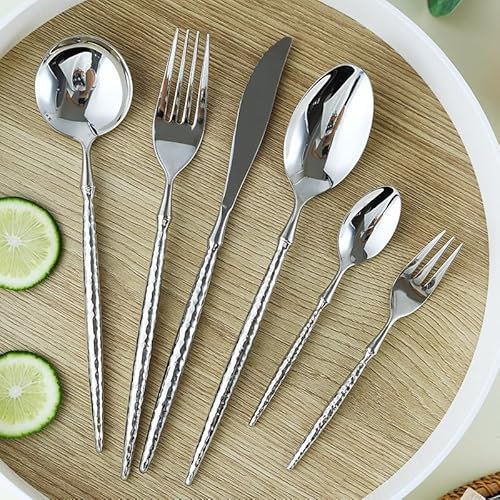 Silverware Flatware Cutlery Set， 6/24/36/48/60/72pcs Stainless Steel Cutlery Household Steak Knife and Fork Spoon Set Hammered Dessert Spoon and Fork，Silver-48 Pieces for 8