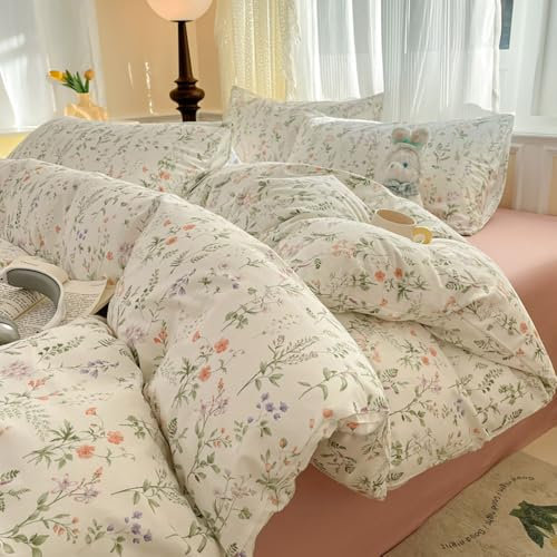 Nyescasa Housse de Couette 220x240 Coton Vert et Blanc Motif Feuilles Fleurs Floral Parure de lit Adulte 2 Personnes Fleurie Coloré Housse Couette avec Fermeture Éclair et 2 Taies d'oreiller 65x65 cm