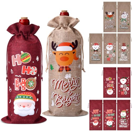 12 Pcs Christmas Wine Bottle Gift Bags with Drawstring, Burlap Wine Gift Bags with 12 Assorted Holiday Designs for Xmas Party Decorations