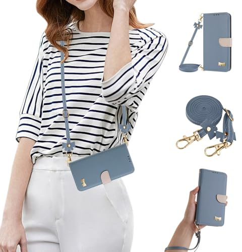 GoodcAcy Armor Handykette Hülle für iPhone 6/7/8 Plus mit Band Halsband Lanyard (abnehmbar) Handyhülle,Klapphülle Premium Klappbar Flip Case Tasche Magnet Kartenfach Standfunktion,Hellblau