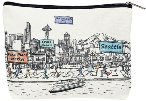 Beary Blu Cities Around the World Cosmetic Bag Series – Designed in USA, Travel Makeup Bag with Zipper, Souvenir Gift for Women, Cute City Artwork Organizer for Purse or Toiletry (Seattle)
