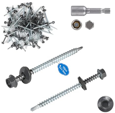 SUPAWAY Lot de 100 Vis auto-perceuses en tôle M4,8x70 mm Tête hexagonale autoperceuse RAL 7016 Gris Vis autoperceuses peintes avec rondelles EPDM et clé à douille M8 Vis tole toiture pour plus fixatio