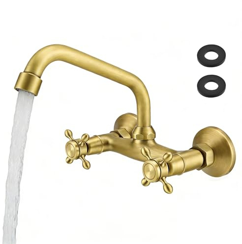Rubinetto Bagno Lavabo a Muro in Ottone Anticato, Vintage Miscelatore Lavello Cucina a Parete, Girevole 360° Doppia Manopola per Rubinetto Cucina e Bagno, Bocca 25 cm
