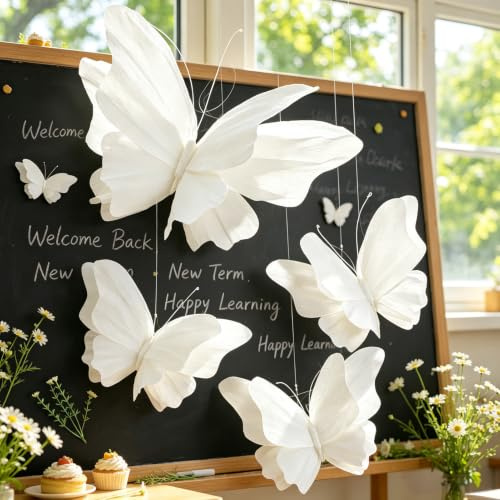 SUNBEAUTY 4 Stück 3D Große Schmetterling Deko Weiß Papier Schmetterlinge Deko für Gartenparty Deko kindergeburtstag Deko Tischdekoration Innen Frühling Deko Tischdekoration Hochzeit Kinderzimmer Deko
