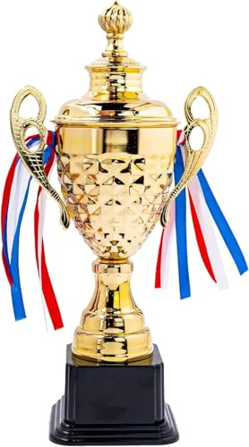 KDXBQ Großer Pokal 36 cm - Goldener Siegerpokal mit Deckel und Bändern, Sportpokal & Trophäe für Turniere, Fußball, Spiele, 1. Platz und Siegerehrung