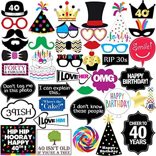 40th Birthday Photo Booth Props - 40 Pieces - Funny Birthday Party Supplies for Him or Her - Photo Booth Accessories, Selfie Props and Party Favours