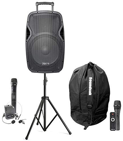 Vonyx AP1500PA Portable PA System 800W with Wireless Microphones, Bluetooth Speaker, Headset Microphone, Adjustable Stand & Storage Carry Bag PA Bundle