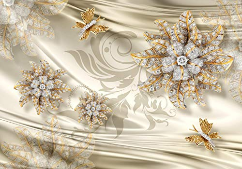 wandmotiv24 Fototapete Abstrakt Blumen Gold diamanten Seide, XL 350 x 245 cm - 7 Teile, Wanddeko, Wandbild, Wandtapete, Tuch Stofftuch Schmetterlinge M4605