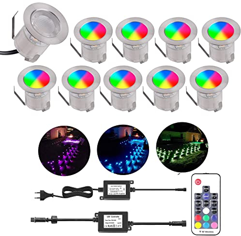 YZGWZLD Terrassen Einbaustrahler Terrassenbeleuchtung RGB 10er Set LED Bodeneinbaustrahler 30mm IP67 wasserdicht für außen innen Garten Holzbrücke Pool Holzdeck inkl. Netzteil mini Einbauspots