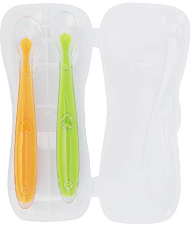 Cuillere Bebe Souple 2pcs / set en Silicone d'Alimentation Cuillère de Sevrage pour Bébé Infantile(Jaune et vert)