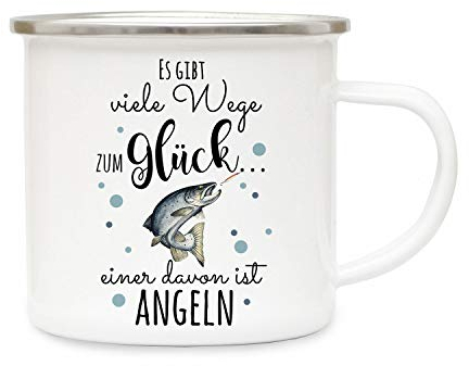 ilka parey wandtattoo-welt Emaille Becher Camping Tasse mit Fisch Lachs Forelle & Spruch viele Wege zum Glück... Kaffeetasse Geschenk Kaffeebecher eb443