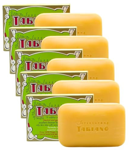 Savon au Soufre et Glycérine - Superpack de 5 Savons Supersapone Tabiano Traitement Anti-Acné, Psoriasis & Eczéma (5 Savons de 125g)