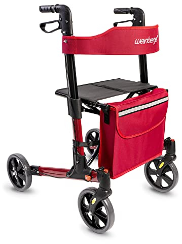 Weinberger leichter klappbarer Alu-Rollator all-Inclusive mit Tasche Stockhalter Bremsen, Leichtgewicht nur 7,3 kg, höhenverstellbar, Gehwagen Gehhilfe Reiserollator, Farbe Rot
