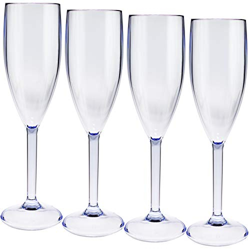 4 x Acryl Champagner Fluter Sektglas 150 ml BLAU klar - Gläser - Champagnerglas für Camping Küche - Trinkkelch Goblet - elegantes Design - Outdoor Partyglas - Bruchfest Kunststoff Glas Kelch bruchfest
