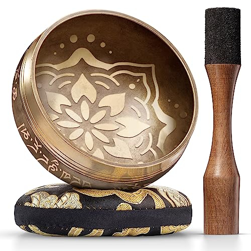Bol Tibétain – Bol Tibétain Chantant pour la Purification et la Méditation – Silent Mind – Bol Méditation – Inclut un Maillet avec Prise en Main Type Crayon et un Coussin