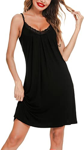 Lovasy Nuisette Sexy Femme Dentelle Chemise de Nuit Babydoll Cotton Grande Taille Bretelles Spaghetti Reglables Col V, Noir, XL