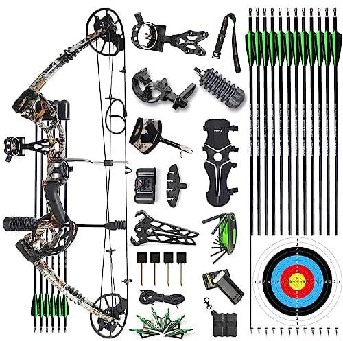 AMEYXGS Bogenschießen Compoundbogen Kit Compound Bogen und Pfeil Set 30-70lbs Jagdbogen Sportbogen 320fps Carbonpfeil mit Bogenzubehör für Outdoor Jagdschießen Rechtshänder (Camo Set)