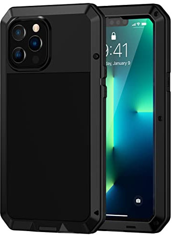 Lanhiem for iPhone 13 Pro Case Heavy Duty Shockproof Cover Tough Armour Metal Case with [Tempered Glass Screen Film], 360 Full Body Protective Case Cover for iPhone 13 Pro - Black