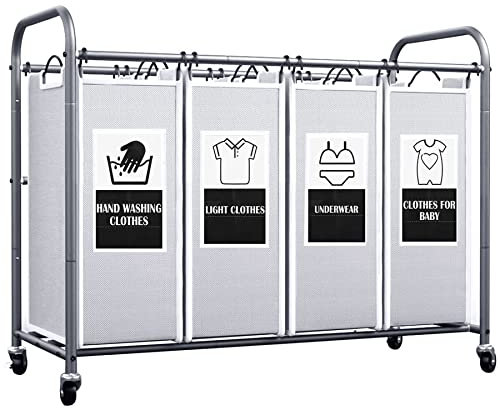 C&AHOME Wäschesortierwagen mit 4 Beuteln, Wäschekorb, Organizer, abnehmbare Taschen mit 6 Sortierkarten und robusten, abschließbaren Rollen für Kleidung, 100,1 cm L x 42,9 cm B x 80 cm H, grau