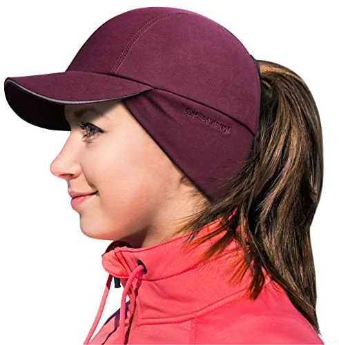 GADIEMKENSD Winter Fleece Hats Reflective Ponytail Hat for Women Baseball Caps with Earflap Drop Down Ear Warmer Mens Skull Cap Beanie with Visor Cold Hat for Outdoor Running Snow Ski Hiking Wine Red