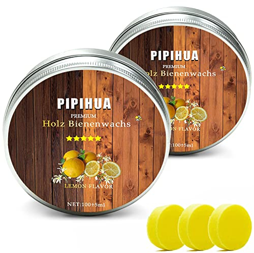 PIPIHUA Cera de Abejas Natural, Resistente Al Agua, Resistente A La AbrasióN, Para el Cuidado de Muebles de Madera, 2 X 100 g, Con 3 Esponjas (Limón)